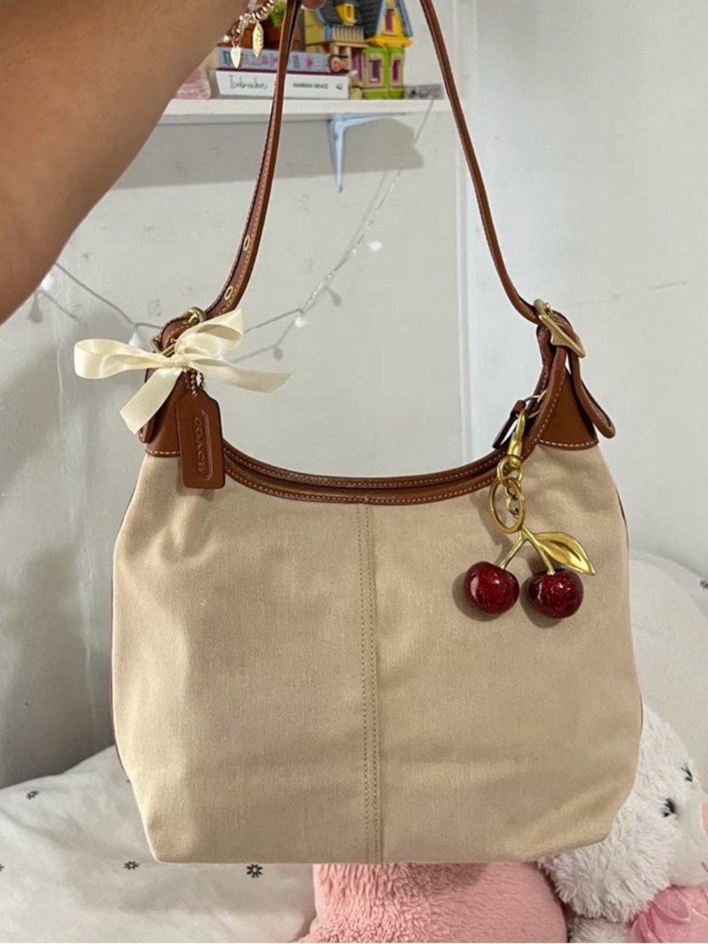 Coach Beige Canvas Shoulder Bag with Brown Trim and Cherry Charm